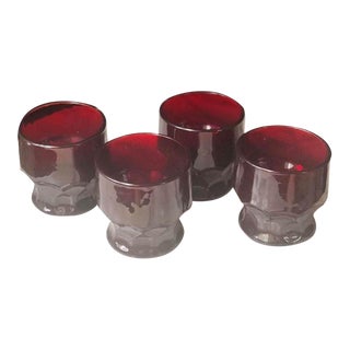 Vintage Anchor Hocking Ruby Red Honeycomb Thumbprint Georgian Glasses- Set of 4 For Sale