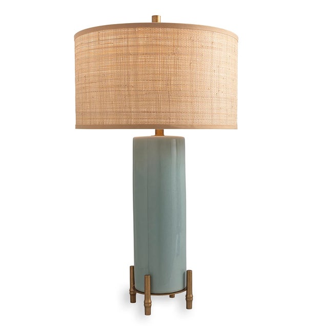 Port 68 Boca Celadon Bamboo Foot Lamp with Raffia Shade For Sale - Image 4 of 4