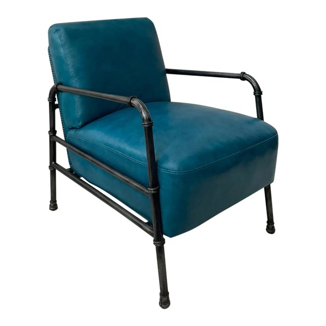 Donovan Turquoise Blue Pebble Grain Leather Nailhead Club Chair by Cort Furniture For Sale