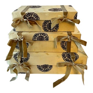 Mid 20th Century Three Silk Chinese Nesting Boxes with Velvet Ties & Symbols of Good Luck For Sale