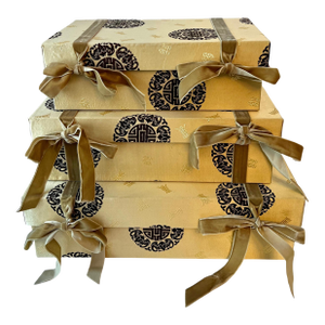 Mid 20th Century Three Silk Chinese Nesting Boxes with Velvet Ties & Symbols of Good Luck