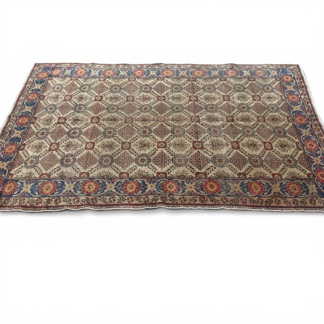 1940s Antique Cappadocia Turkish Rug 4x7 – Diamond Floral Geometric Design in Red & Blue For Sale - Image 5 of 5