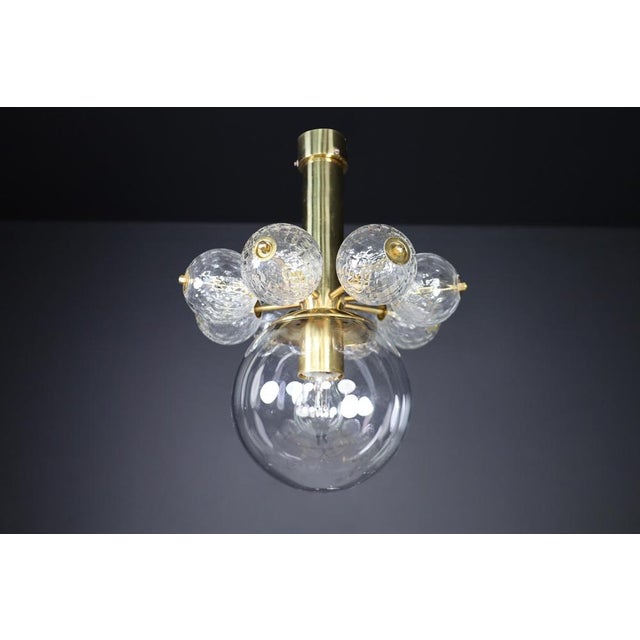 Gold Mid-20th Century Chandelier with Brass Fixture and Hand-Blown Glass Globes, 1960s For Sale - Image 8 of 11