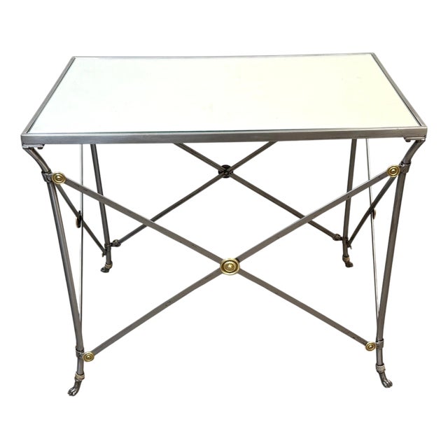 Maison Jansen Style French Neoclassical Steel & Brass Mirrored Gueridon Table For Sale