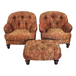Tufted Arm Chairs & Ottoman in the Style of George Smith - A Set of 3 For Sale