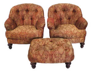 Tufted Arm Chairs & Ottoman in the Style of George Smith - A Set of 3