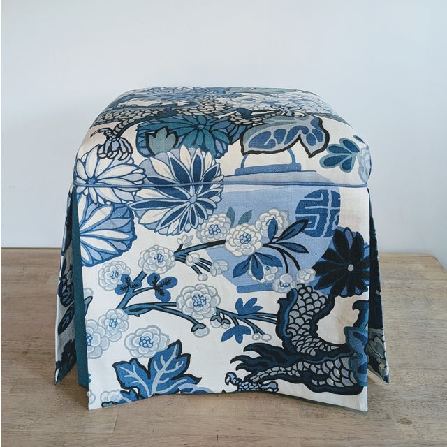 Chinoiserie Schumacher Chiang Mai Dragon Skirted Ottomans in China Blue - Pair For Sale - Image 3 of 13