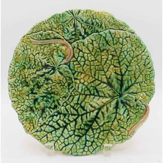 Circa 1880-1900 majolica begonia leaf plate by Joseph Roth, London. Double begonia leaves with stems. The impression stamp...