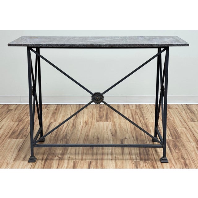 Neoclassical Vintage Stone Top Medallion Iron Console Table For Sale - Image 3 of 15