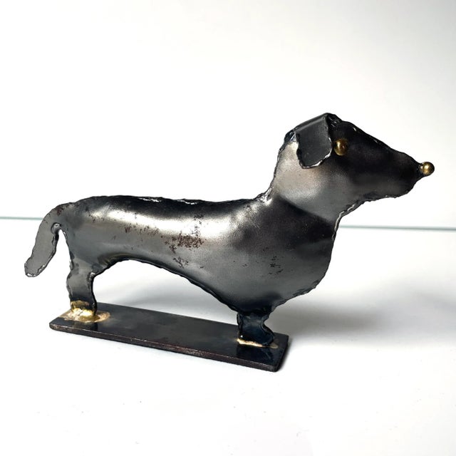 French Brutalist Steel Dog Sculpture With Brass Accents For Sale In Buffalo - Image 6 of 7