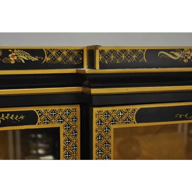 Wood Drexel Et Cetera Chinoiserie Black Lacquer Decorated Breakfront China Cabinet For Sale - Image 7 of 12