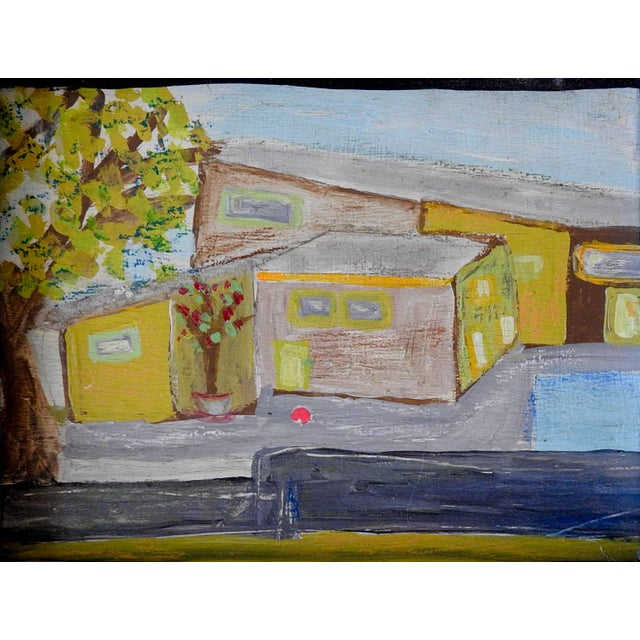 Late 20th century modernist street scene oil on wood panel. Unsigned. Displayed in weathered turquoise painted wood frame,...