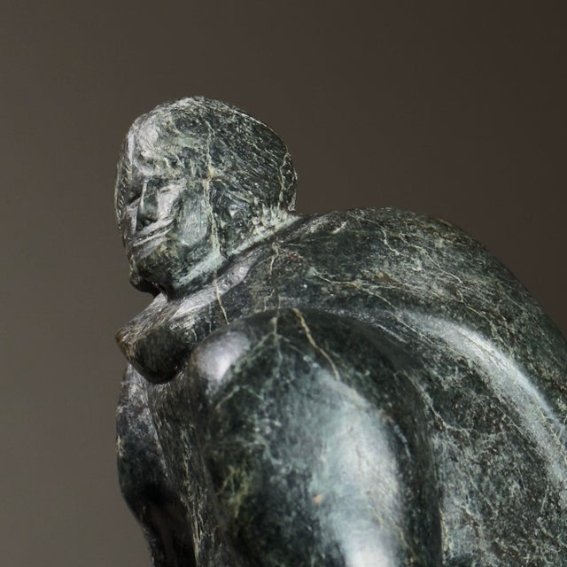 1960s Vintage Folk Hand Carved Inuit Figurative Serpentine Green Marble Sculpture For Sale - Image 5 of 9