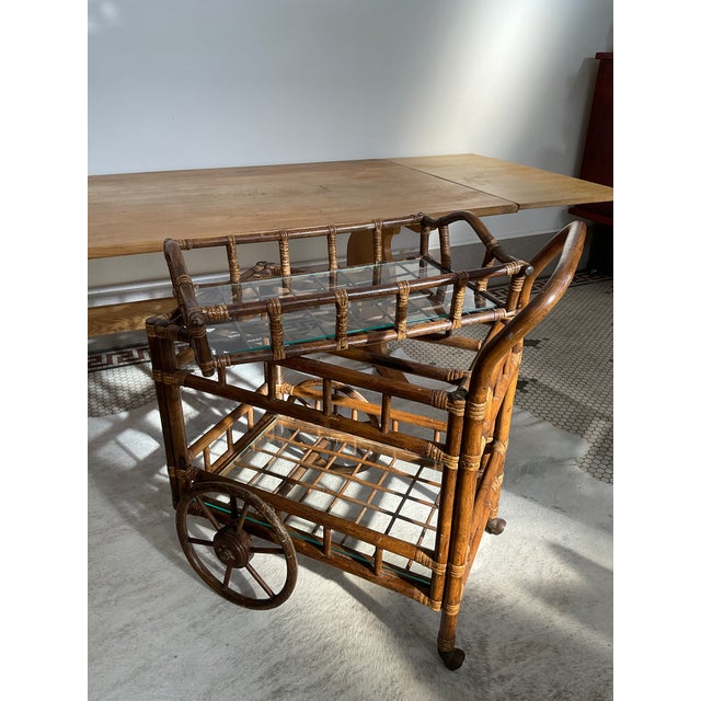 Vintage Bamboo Bar Cart With Glass Shelve & Removable Tray For Sale - Image 18 of 18
