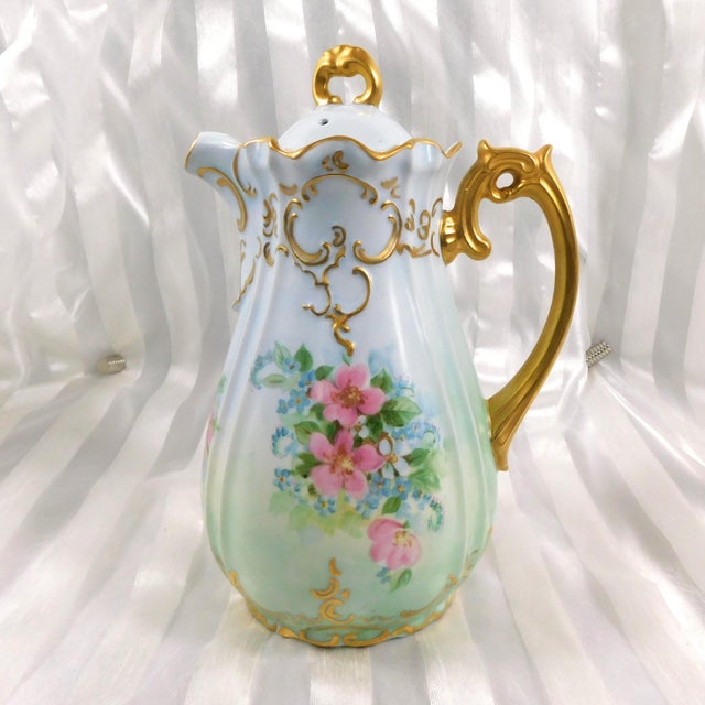 1940s 1940s Pale Blue Signed Hand Painted Teapot Sugar Bowl and Creamer Set For Sale - Image 5 of 17