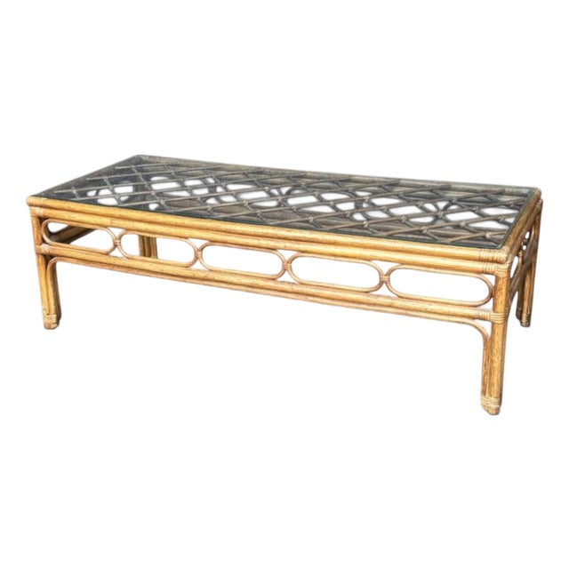 Vintage Bamboo & Rattan Coffee Table Glass Top For Sale