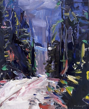Telluride Dirt Road by David Shingler | Oil on Panel Dirt road surrounded by trees in a mountainous landscape.