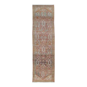 Vintage Persian Distressed Floral Mahal Runner in Red, Orange, Blue and Green