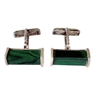 Sterling Silver and Green Malachite Oblong Cufflinks For Sale