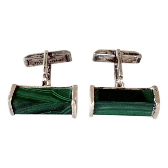 Sterling Silver and Green Malachite Oblong Cufflinks For Sale