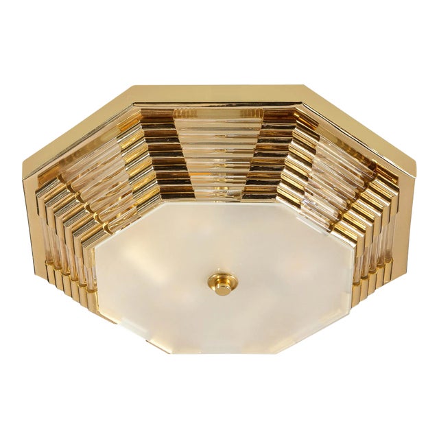 Modernist Octagonal Brass W/ Glass Rods & Frosted Shade Flush Mount Chandelier For Sale