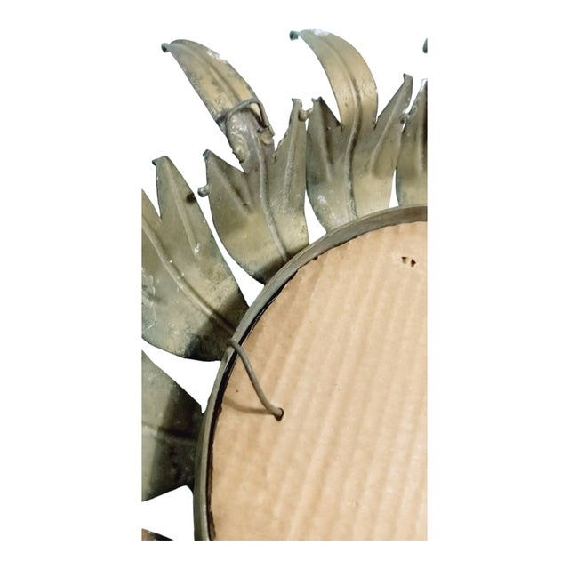 Mid-Century Modern Vintage Sun Mirror in Golden Metal with Green Details For Sale - Image 3 of 10