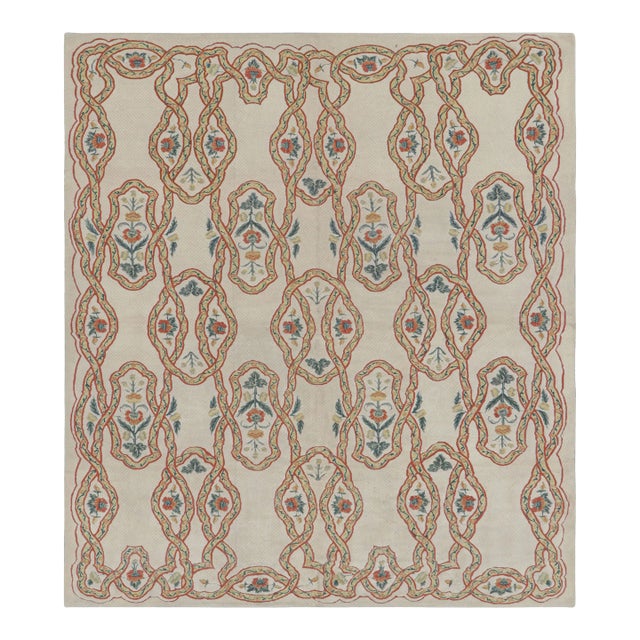 Rug & Kilim’s Tudor Style Rug in Beige-Cream With Geometric and Floral Patterns For Sale