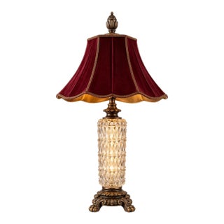 Vintage Illuminated Crystal Lamp With Oxblood Velvet Pagoda Shade For Sale