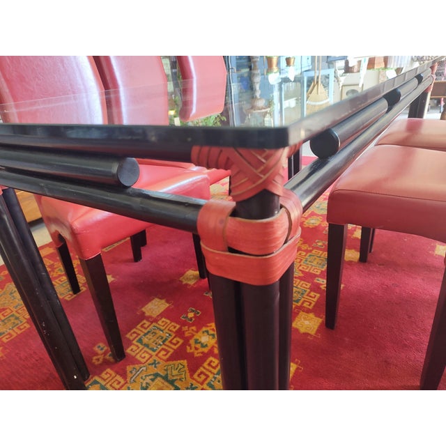 Black Lacquered Bamboo-Style Table with Glass Top and Red Leather Woven Straps, 1980s For Sale - Image 3 of 9