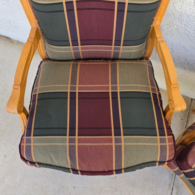 Vintage Louis XV French Provincial Armchairs Plaid Tartan Fauteuil Cabriole Legs For Sale - Image 10 of 16