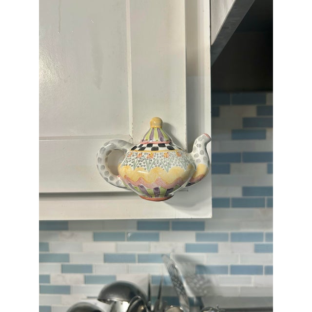 Ceramic 2003 MacKenzie-Childs "Piccadilly" Hand-Painted Ceramic Teapot Cabinet Pulls - Set of 4 For Sale - Image 7 of 12