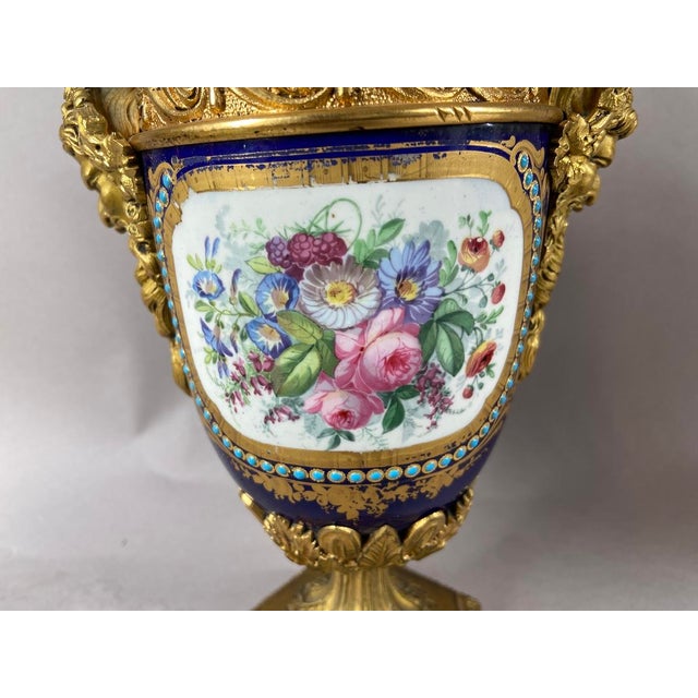 1880s French Sevres Style Blue Ormolu Porcelain Urns-Pair For Sale - Image 11 of 13