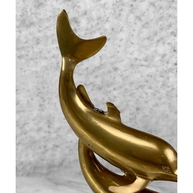 Metal Vintage Coastal Brass Figural Dolphin Sculpture For Sale - Image 7 of 8