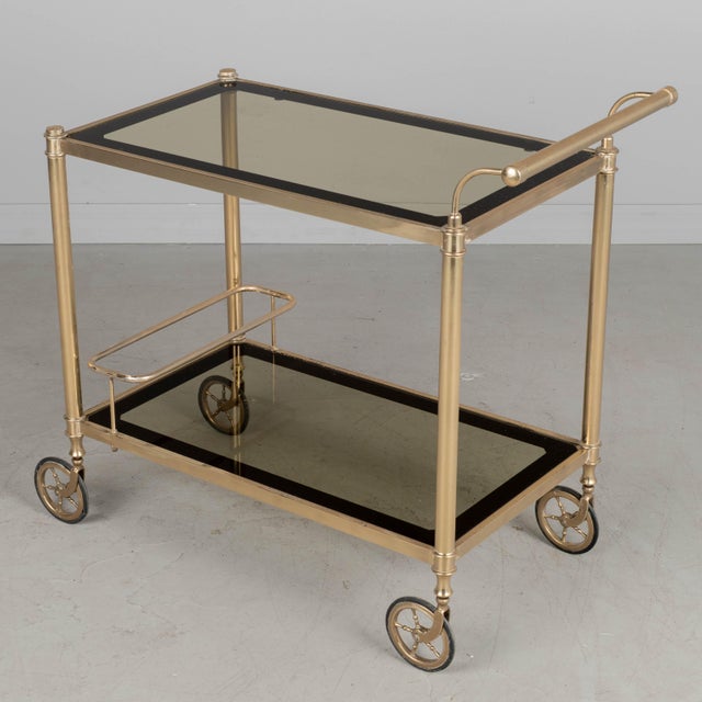 Hollywood Regency Italian Brass Bar Cart With Smoked Glass Shelves 1970s For Sale - Image 3 of 10