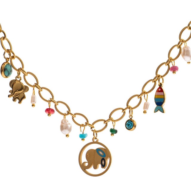 Metal Lucky Elephant & Fish Charm Choker Necklace For Sale - Image 7 of 8