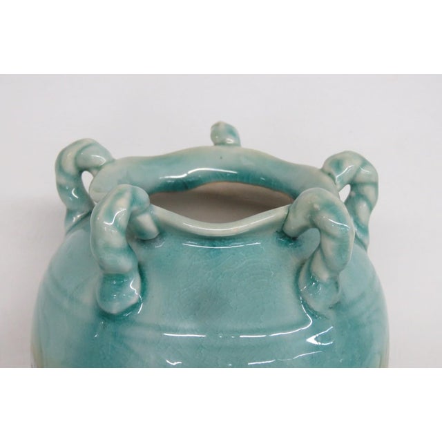 Mid 20th Century Ceramic Pottery Vase Turquoise Celadon Drip Crackle Glaze 5 Handled Jug 4861b For Sale - Image 5 of 11
