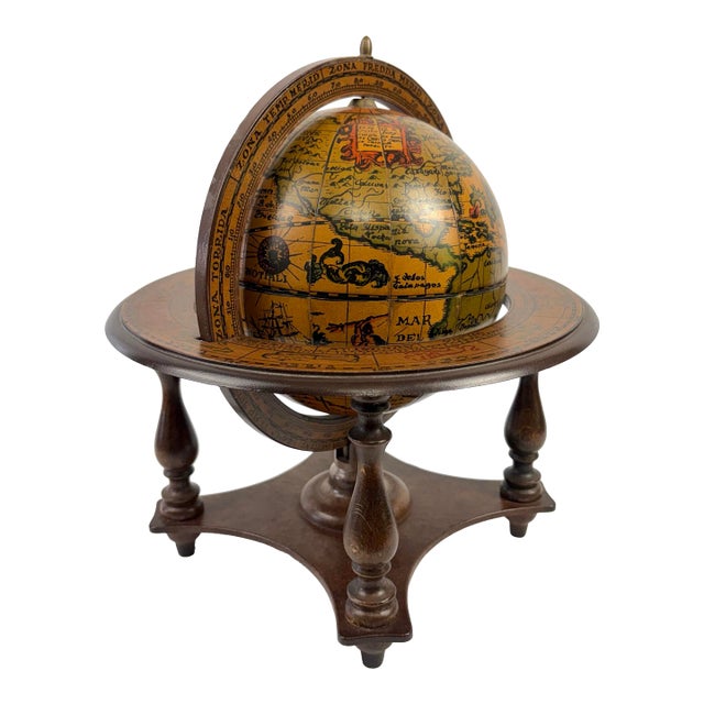 Italian Old World Zodiac Globe on Wooden Stand – Vintage Celestial Library Decor For Sale