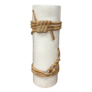 Early 20th Century White Black Cylindrical Ceramic Vase with Rope Design For Sale