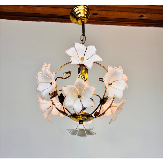 Art Deco Vintage Murano Style White Floral Globe Chandelier - Brass Finish For Sale - Image 3 of 15