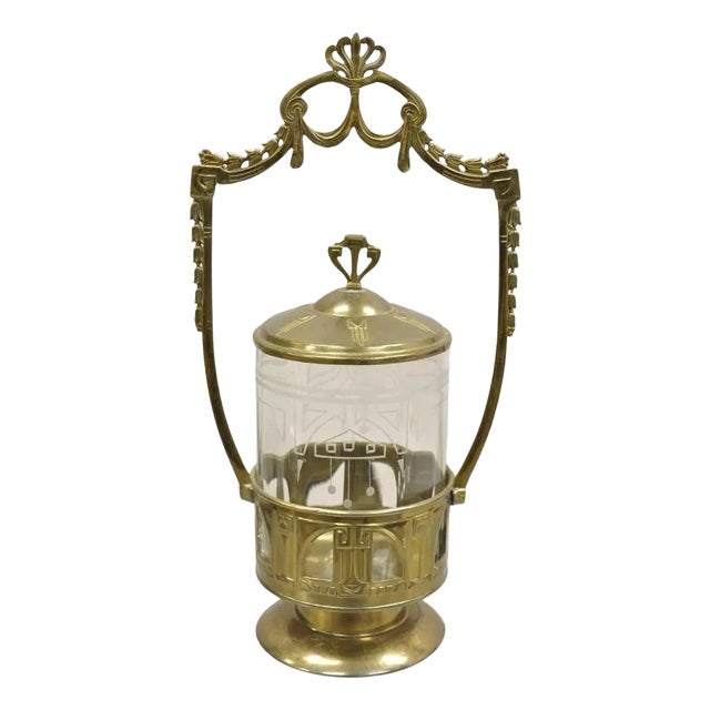 Antique German Art Nouveau Brass Metal Pickle Castor With Etched Glass Insert For Sale