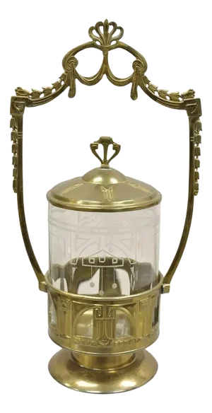 Antique German Art Nouveau Brass Metal Pickle Castor With Etched Glass Insert