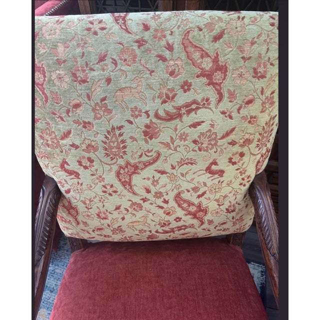 Pair of Vintage Baroque Style Carved Wood Armchairs With Floral Upholstery & Rust Seats For Sale In Los Angeles - Image 6 of 12