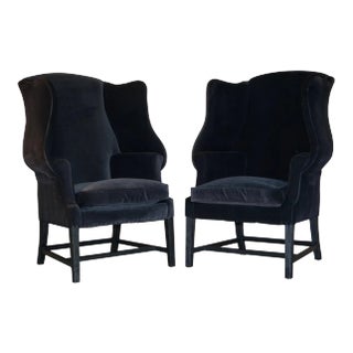 Set of Vintage Black Velvet Wingback Armchairs from George Hepplewhite For Sale