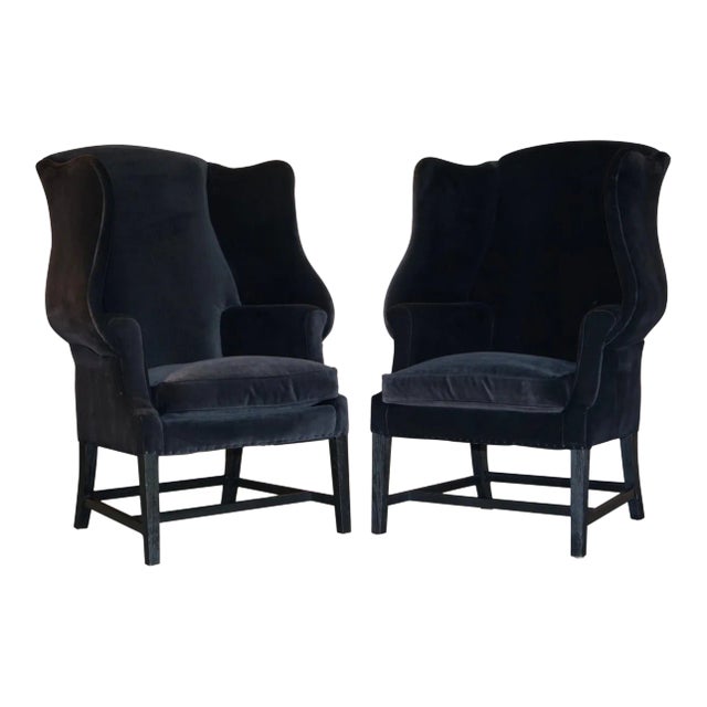 Set of Vintage Black Velvet Wingback Armchairs from George Hepplewhite For Sale