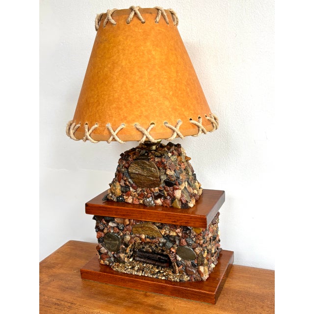 Wood 1940s Rustic Stone Fireplace Lamp Plus Night Light With Shade For Sale - Image 7 of 12