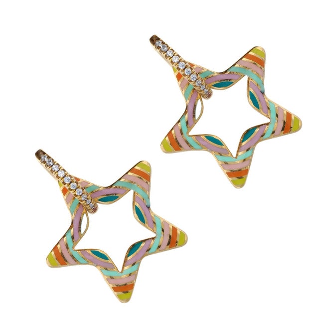 Early 21st Century Pastel Colors Star Diamond Hoop Gold Earrings, A Pair For Sale - Image 5 of 6