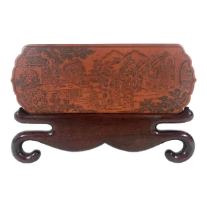 Decorative Antique Chinese Landscape & Floral Finely Etched Tablet or Plaque on Rosewood Display Stand