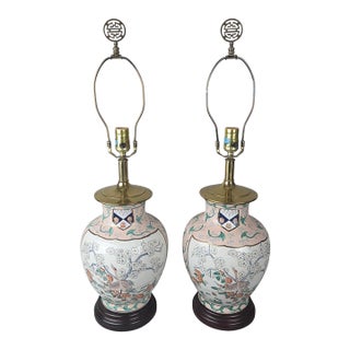 Pair of Chinoiserie Porcelain Ginger Jar Table Lamps With Cranes and Prunus, Pink For Sale