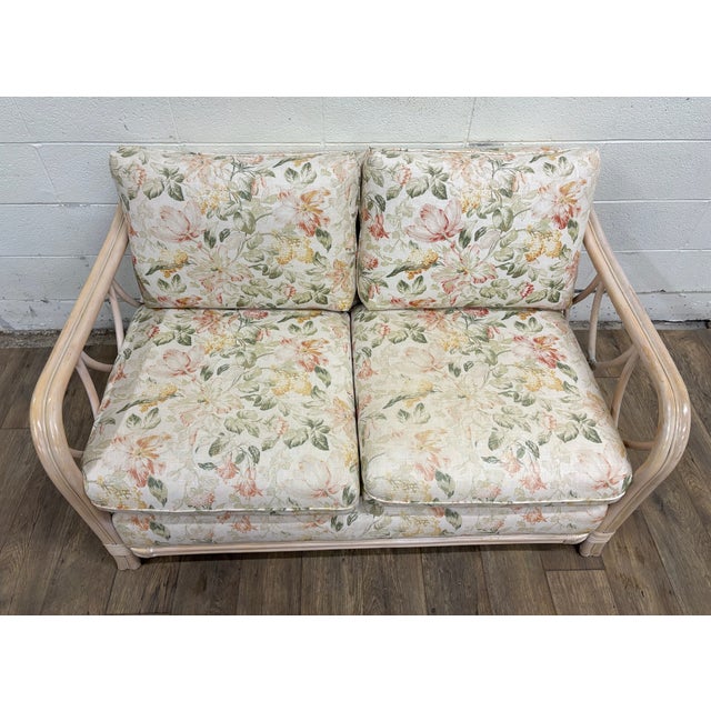 This is a gorgeous vintage mid-century modern MCM Ficks Reed style rattan loveseat, settee, or sofa, organic, coastal, and...