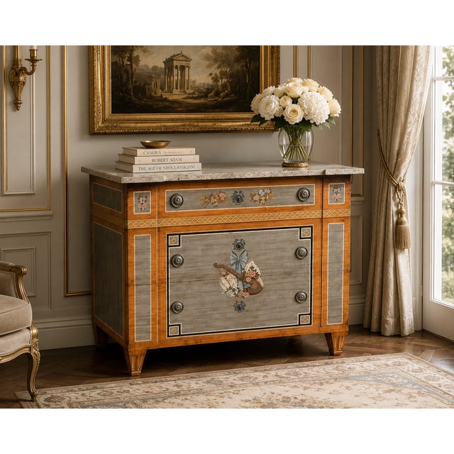 This beautifully crafted neoclassical chest by Drexel Heritage is a timeless blend of artistry and functionality....